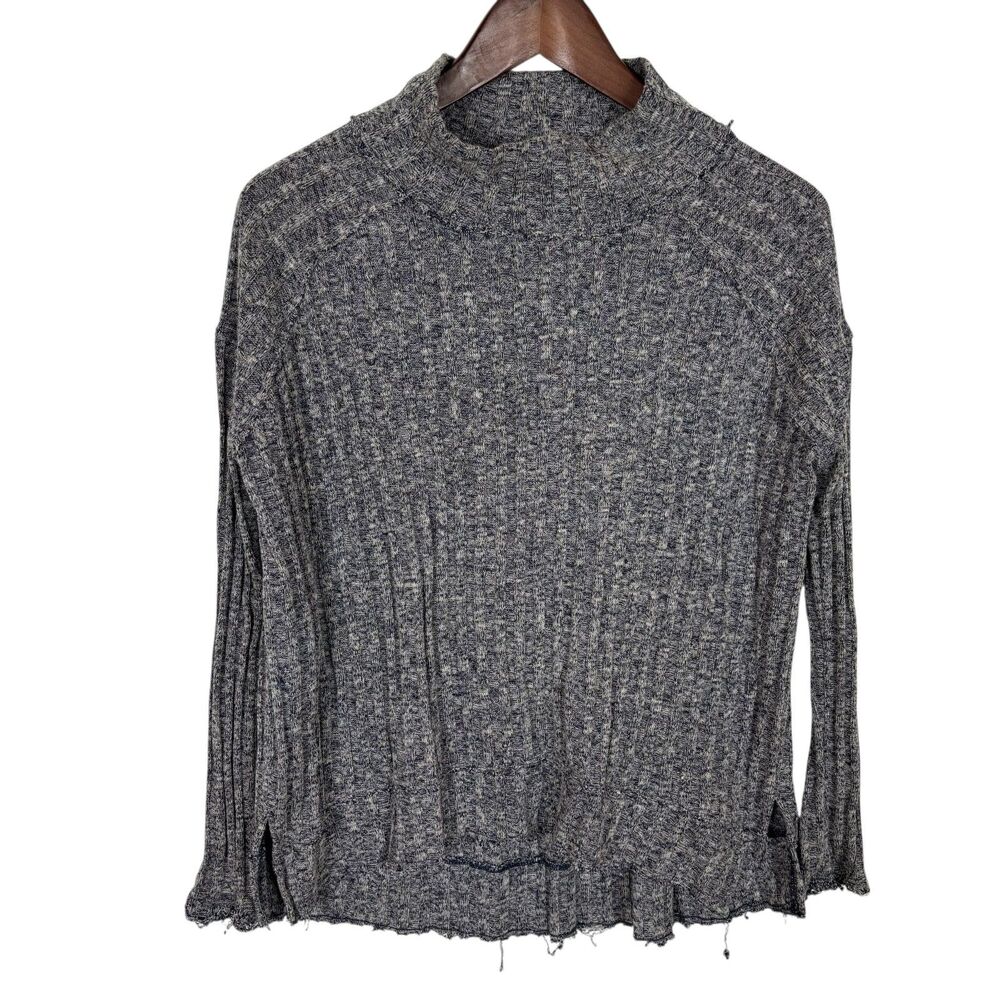 Free People Blue White Knit Mock Neck Shirt Women’s XS Split Hem Raw Hems